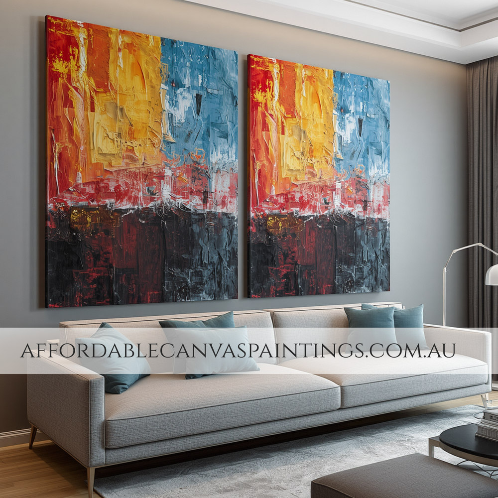 Varicoloured Stains Hand Painted Triptych Canvas Abstract Art Painting Modern Painting Knife Painting Framed 2 Piece Wall Decor Set Impasto Art For Living Room Design