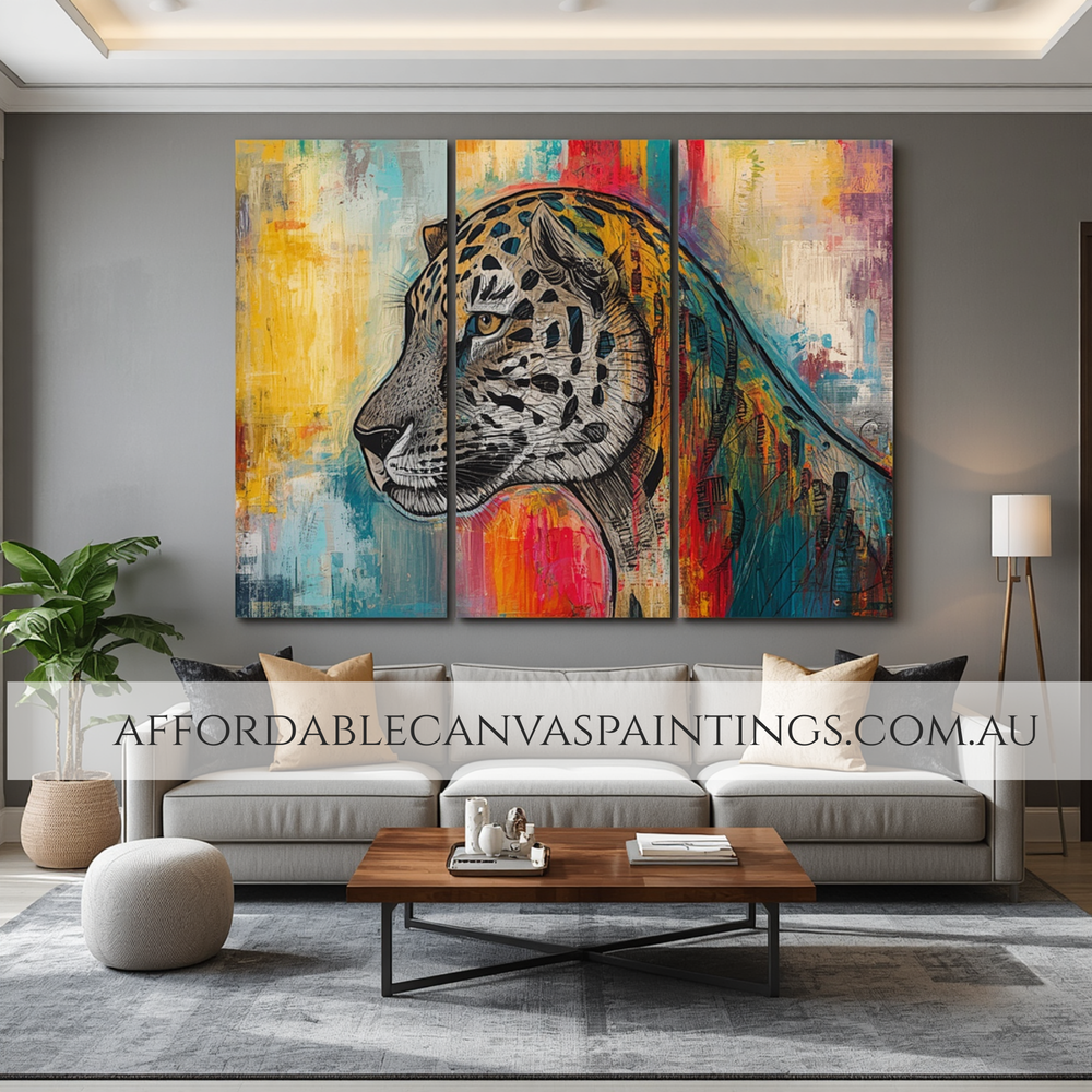 Colourful Leopard Framed 3 Piece Art Hand Painted Diptych Modern Artwork Heavy Textured Acrylics Impasto Painting Animal Wall Art For Home Interior