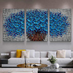 Blue Flowers Abstract Art Modern Heavy Texture Handmade Stretched 3 Piece Abstract Art Paintings For Room Décor