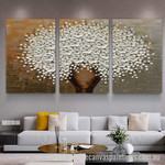 White Petal Bloom Abstract Art Modern Heavy Texture Handmade Framed 3 Piece Best Framed Artwork Australia For Office Décor