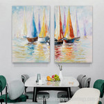Colorful Sailing Boat Abstract Art Modern Heavy Texture Handmade Stretched 2 Piece Framed Paintings Canvas For Dining Room