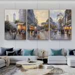 Paris Street Scene Abstract Art Modern Heavy Texture Handmade Stretched 3 Piece Framed Paintings For Sale For Room Décor