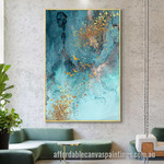 Blue With Gold Smear Abstract Art Modern Heavy Texture Handmade Stretched Best Framed Artwork Australia For Home Décor
