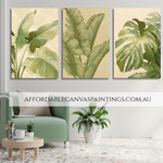 Tropical Leaves Botanical Vintage Framed Handmade 3 Panel Painting For Home Wall Decor