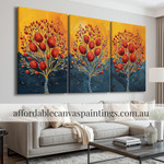 Red Blossom Trees Botanical Art Modern Abstract Painting Framed 3 Piece Wall Décor Impasto Canvas Painting Heavy Textured Acrylic Paintings For Home Decorators