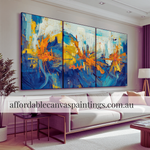 Calico Splotches Abstract Acrylic Painting Contemporary Art For Sale Framed Textured Painting With Palette Knife 3 Panel Framed Painting Handcrafted Canvas Painting For Living Room Design