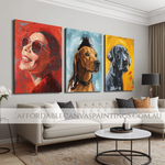 Cute Woman With Dogs Figurative Painting Modern Artwork Animal Wall Art Framed Handmade 3 Piece Canvas Art Textured Painting With Palette Knife Impasto Canvas Painting For Home Décor