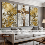 The Crucifixion Of Jesus Christ Religious Christian Canvas Wall Art Framed 3 Piece Wall Decor Hand Painted Diptych Oil Painting Impasto Art Painting Modern Artwork For Bedroom Wall Decor