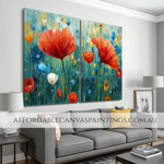Colourful Poppies And Wild Blossoms Abstract Art Painting Floral Canvas Art Modern Artwork 2 Piece Framed Canvas Art Heavy Textured Acrylics Impasto Painting For Home Décor