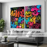 Colourful Symbols Graffiti Art For Sale Abstract Art Modern Artwork 2 Piece Framed Canvas Art Heavy Textured Acrylic Paintings Impasto Painting For Wall Décor