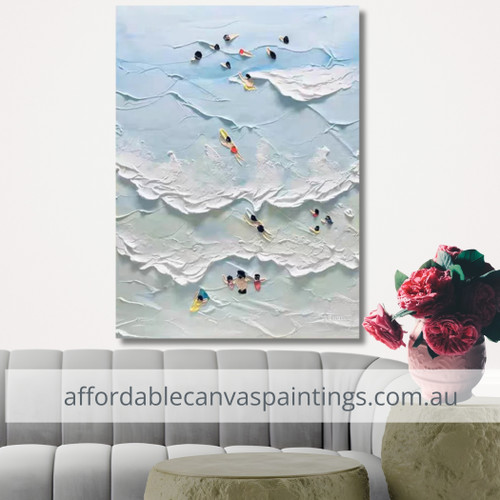 Enjoyment In The Sea People Framed Handmade Landscape Seascape Stretched Canvas Art For Home Decor