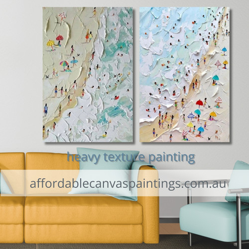 Entertainment On The Shore Seascape Landscape Handmade Textured Canvas Art Set Of 2 Framed Original Paintings For Living Room Ideas