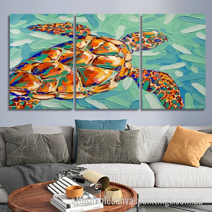 Colorful Turtle Abstract Art Modern Heavy Texture Handmade Framed 3 Piece Framed Paintings For Sale affordablecanvaspaintings.com.au
