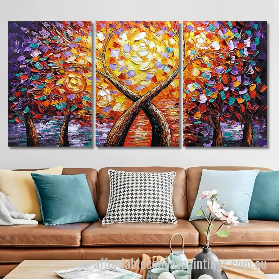 Saplings Bloom Abstract Art Modern Heavy Texture Handmade Stretched 3 Piece Framed Wall Art Australia affordablecanvaspaintings.com.au