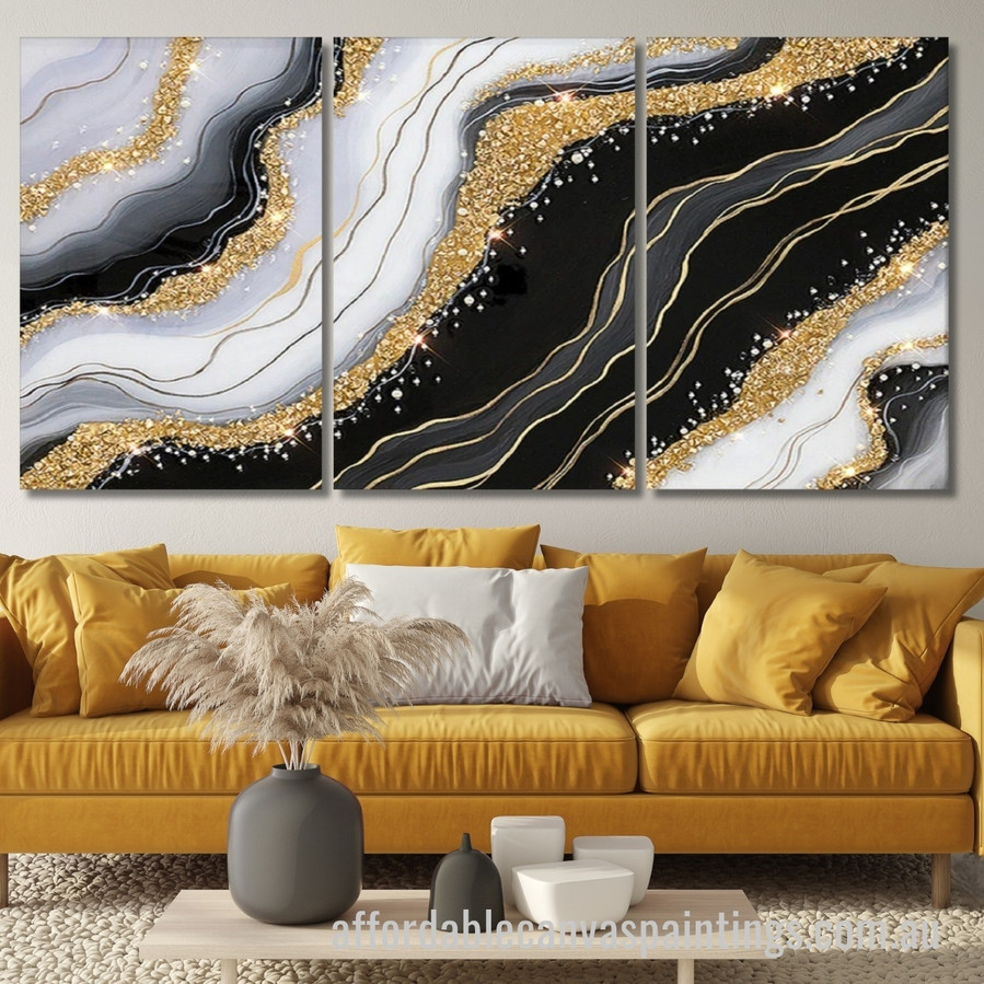 Splendent Gold Stones Abstract Art Modern Heavy Texture Handmade Framed 3 Piece Framed Wall Art Australia affordablecanvaspaintings.com.au
