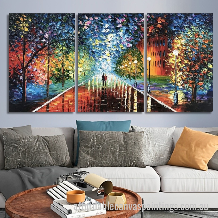 Walking Couple Abstract Art Modern Heavy Texture Handmade Stretched 3 Piece Framed Paintings Canvas affordablecanvaspaintings.com.au