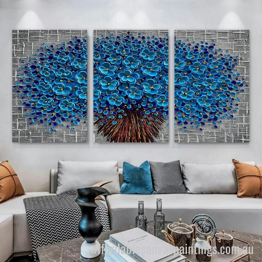 Blue Flowers Abstract Art Modern Heavy Texture Handmade Framed 3 Piece Cheap Framed Artwork Australia affordablecanvaspaintings.com.au