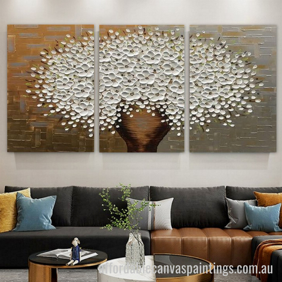 White Petal Bloom Abstract Art Modern Heavy Texture Handmade Stretched 3 Piece Abstract Paintings For Sale affordablecanvaspaintings.com.au