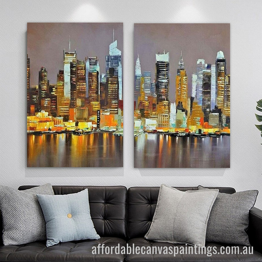 Colorful Buildings Abstract Art Modern Heavy Texture Handmade Stretched 2 Piece Acrylic Paintings For Sale Australia affordablecanvaspaintings.com.au
