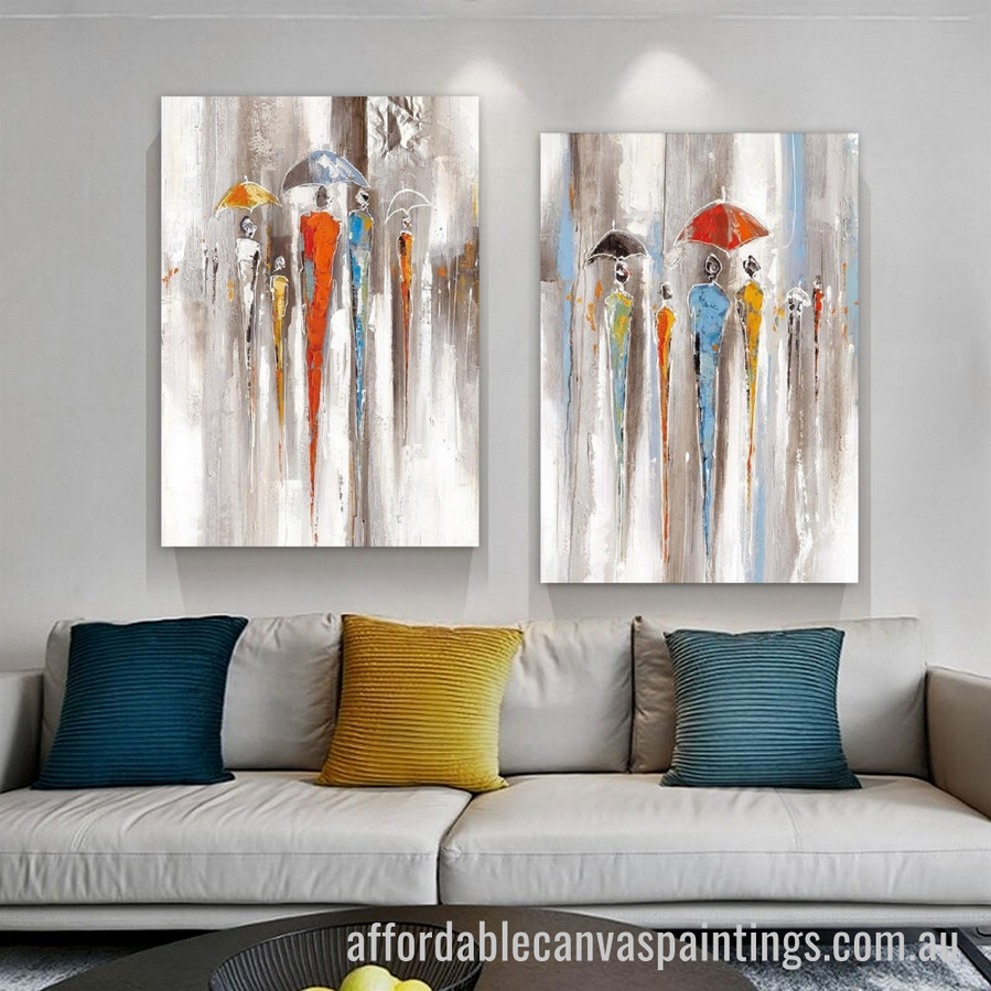 People With Umbrellas Abstract Art Modern Heavy Texture Handmade Framed 2 Piece Stretched Canvas Wall Art Australia affordablecanvaspaintings.com.au