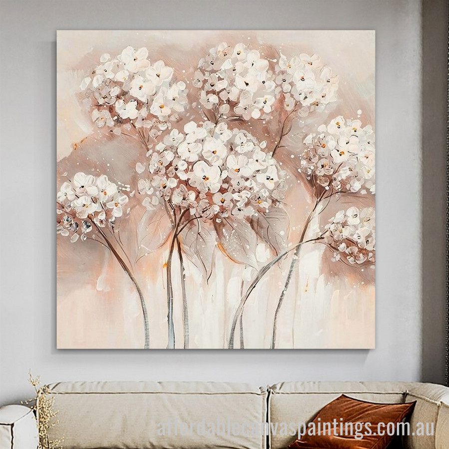 White Hydrangea Flowers Abstract Art Modern Heavy Texture Handmade Framed Stretched Paintings For Sale affordablecanvaspaintings.com.au
