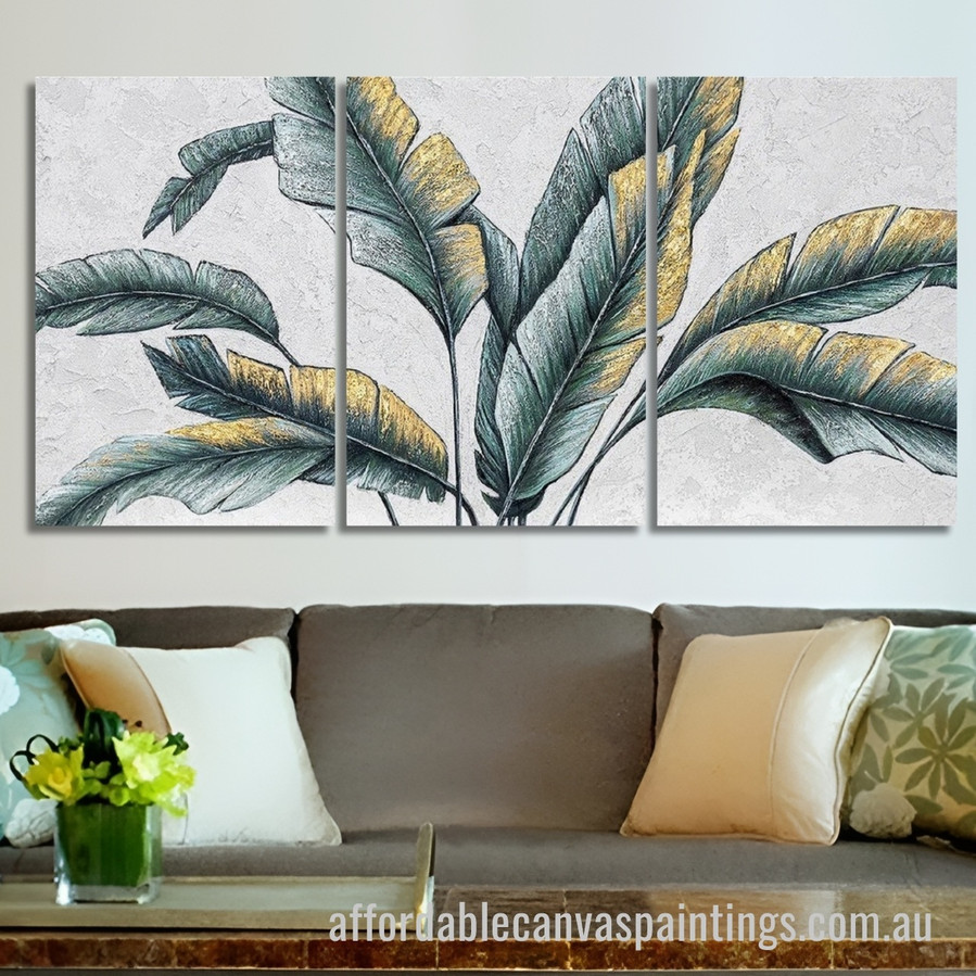 Palm Tree Leaf Abstract Art Modern Heavy Texture Handmade Framed 3 Piece Framed Canvas Wall Art Australia affordablecanvaspaintings.com.au