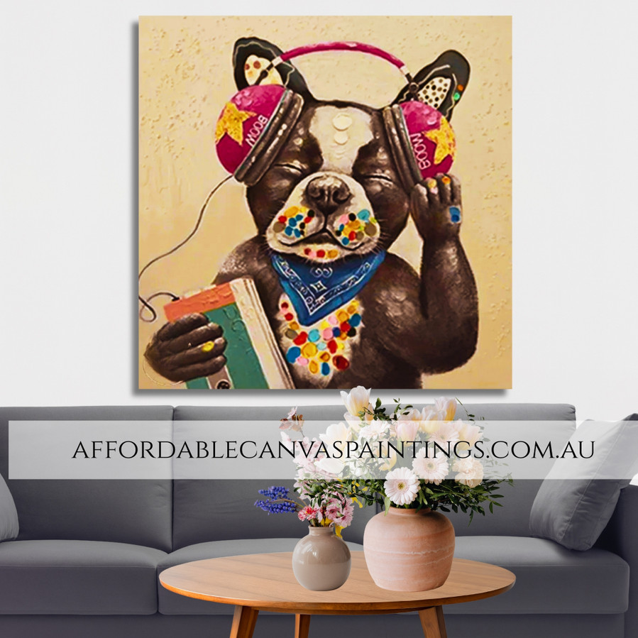 Music Listener Pitbull Abstract Modern Artwork Framed Handmade Animal Art For Cheap Wall Decor