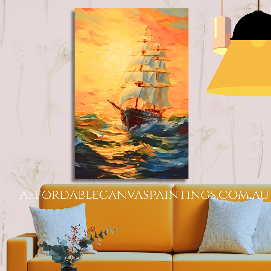 Lonely Floating Ship Seascape Modern Framed Handmade Beautiful Landscape Paintings For Interior Decoration