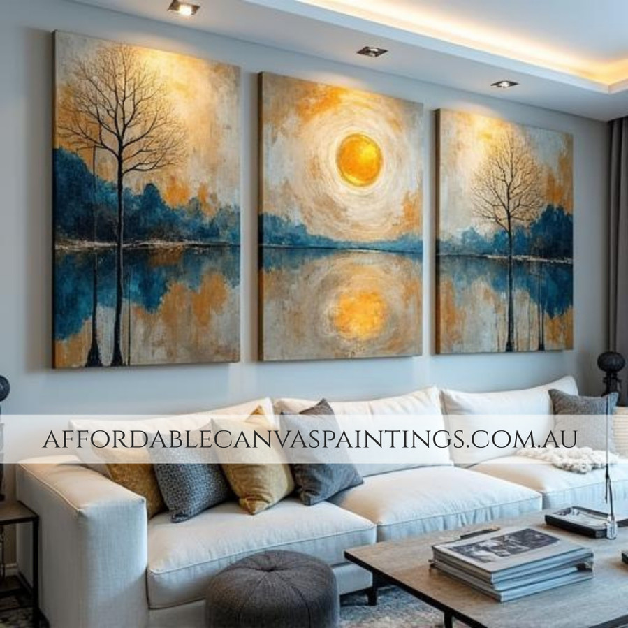 Golden Hot Sun Nature Artwork Beautiful Scenery Painting Modern Painting Framed 3 Piece Canvas Wall Art Heavy Textured Handcrafted Canvas Painting For Home Decor