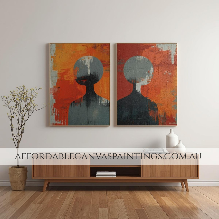 Circular Dark Figure Ready To Hang Australian Abstract Modern Wall Art Australia Framed Impasto Art Painting 2 Piece Wall Decor Set For Home Décor