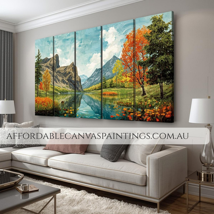 Mountains Beautiful Scenery Painting Modern Art For Sale Framed 5 Piece Canvas Set Heavy Textured Acrylic Painting Impasto Art For Home Decor