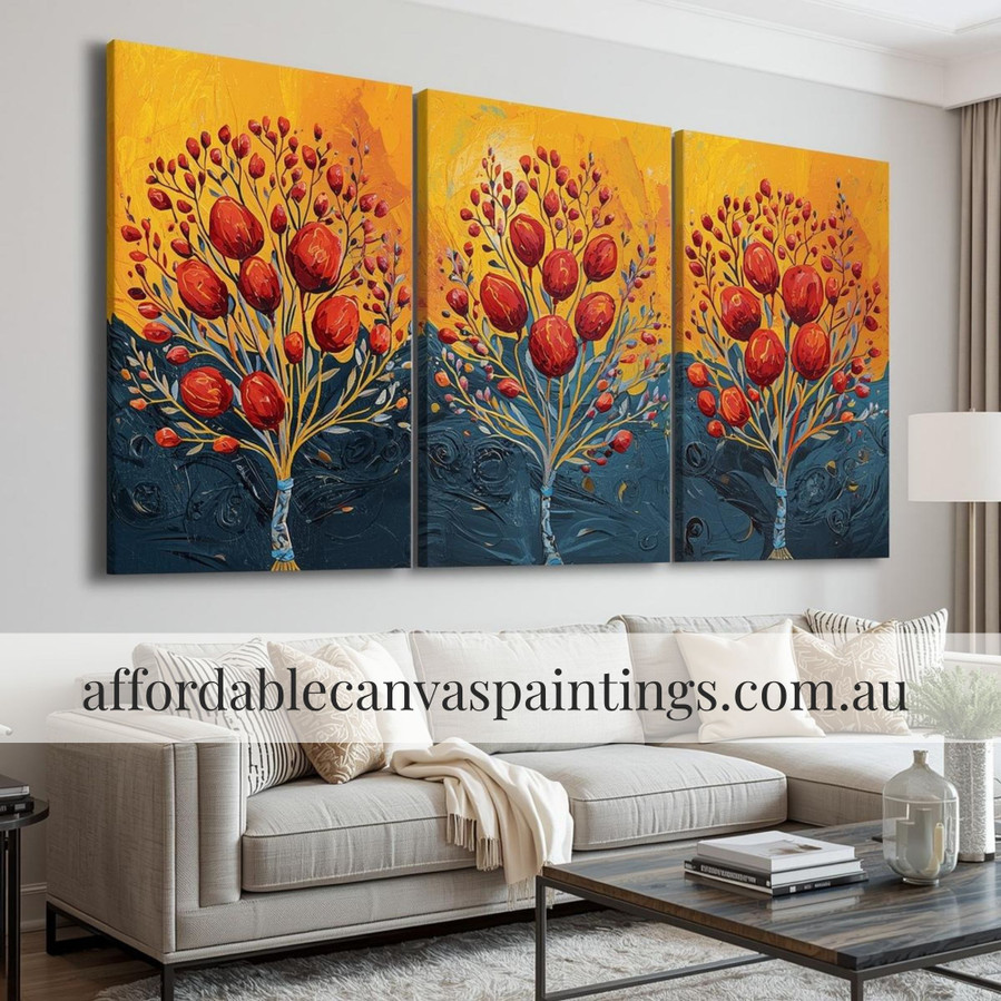 Red Blossom Trees Botanical Art Modern Abstract Painting Framed 3 Piece Wall Décor Impasto Canvas Painting Heavy Textured Acrylic Paintings For Home Decorators