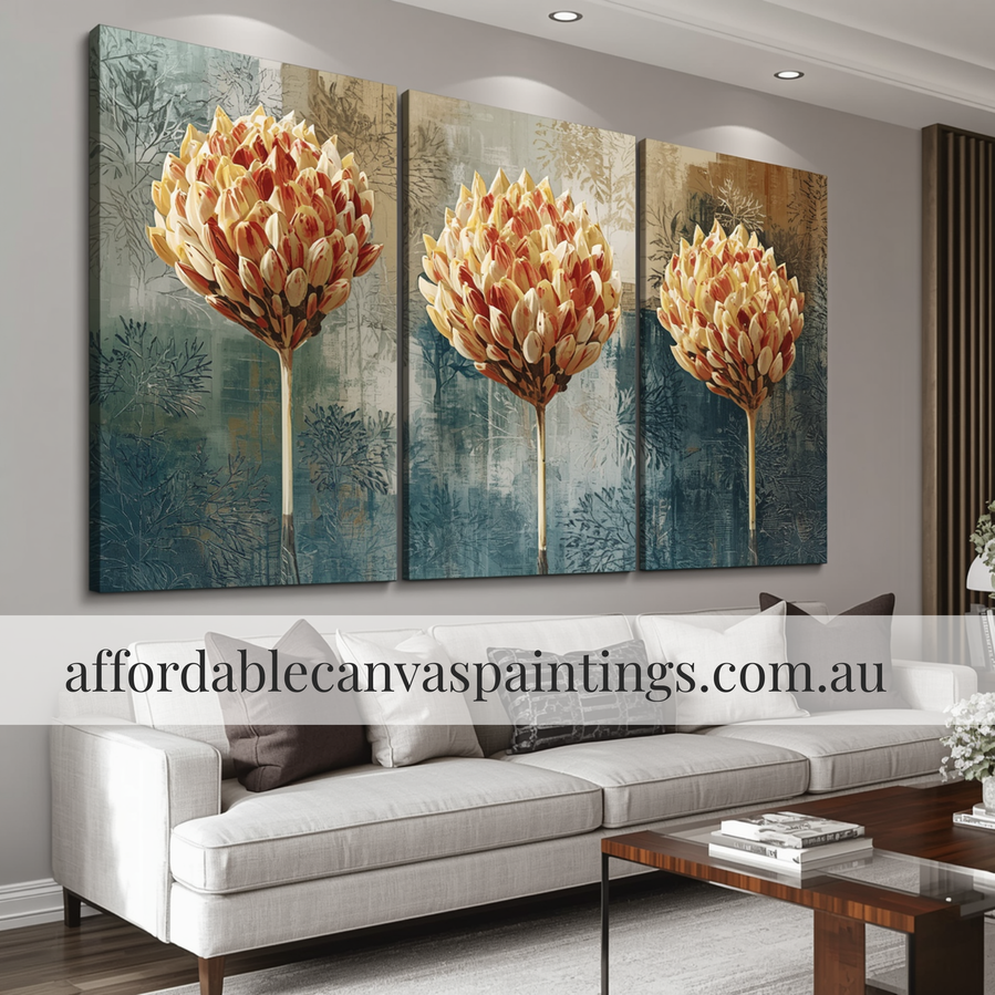 Proteas Modern Art For Sale Framed 3 Piece Abstract Wall Art Handmade Acrylic Painting Australia Floral Wall Art Impasto Painting For Home Office Ideas
