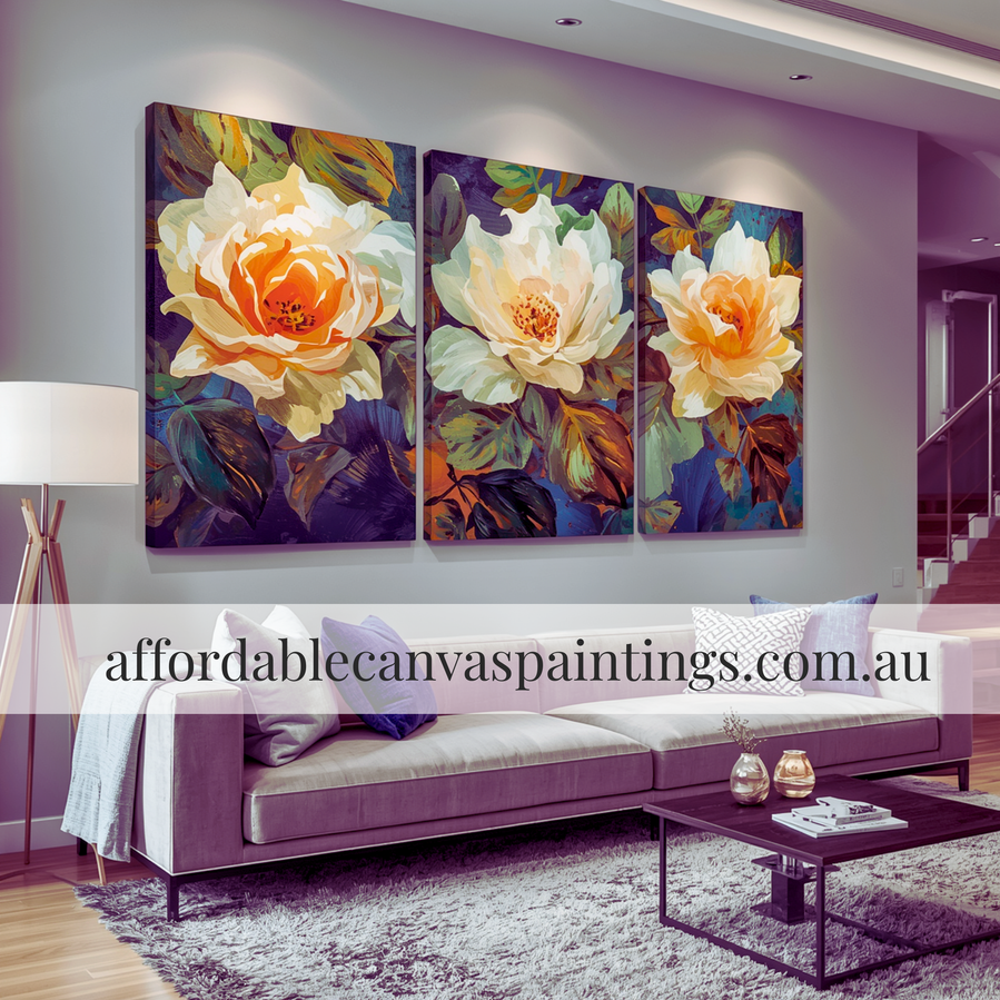 Roses Flowers Modern Art For Sale Framed 3 Piece Abstract Wall Art Handmade Acrylic Painting Australia Floral Wall Art Impasto Painting For Living Room Design