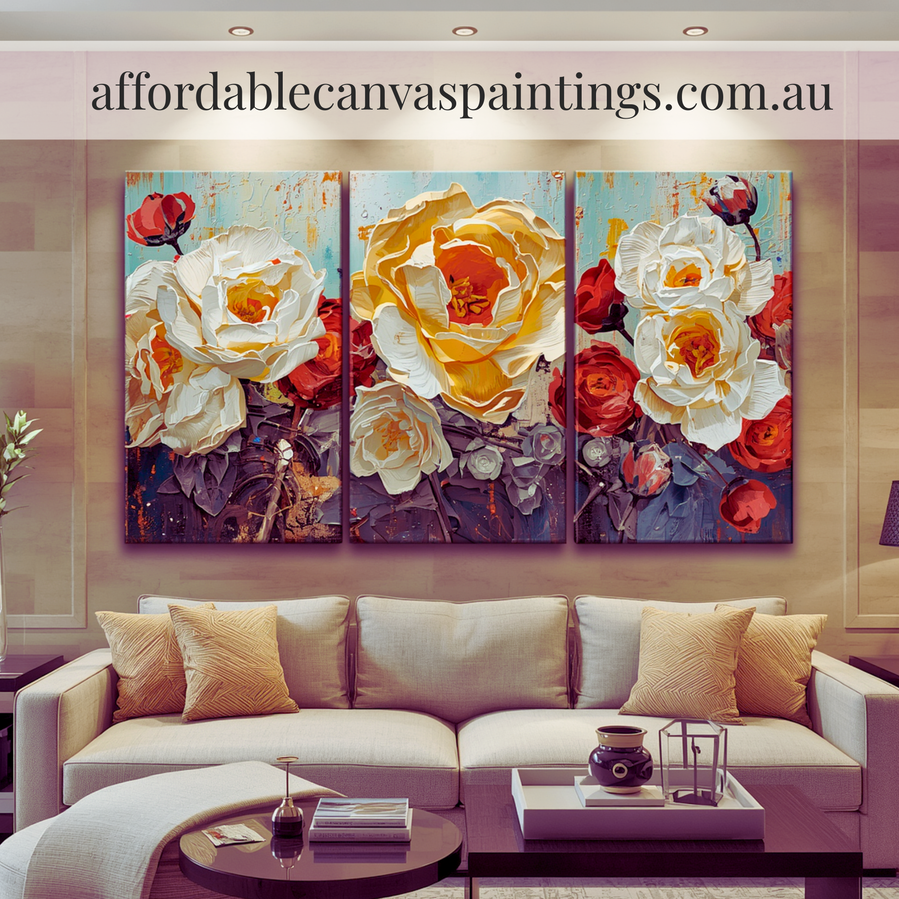 Colorful Roses Modern Painting Framed 3 Piece Abstract Wall Art Heavy Textured Acrylics Impasto Painting Floral Paintings Impasto Canvas Painting For Living Room Design