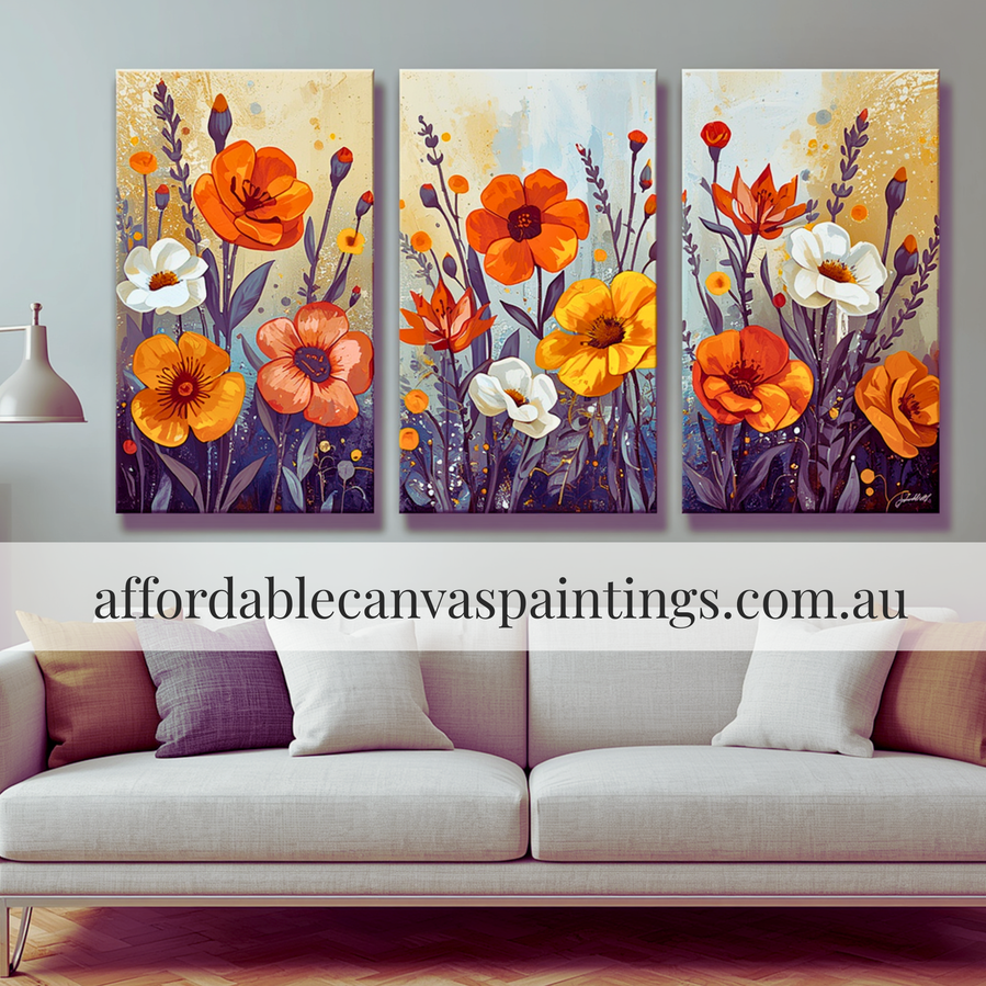 Colorful Poppies Abstract Flower Painting Modern Art For Sale Framed 3 Piece Canvas Art Handmade Acrylic Painting Australia Impasto Art For Bedroom Design