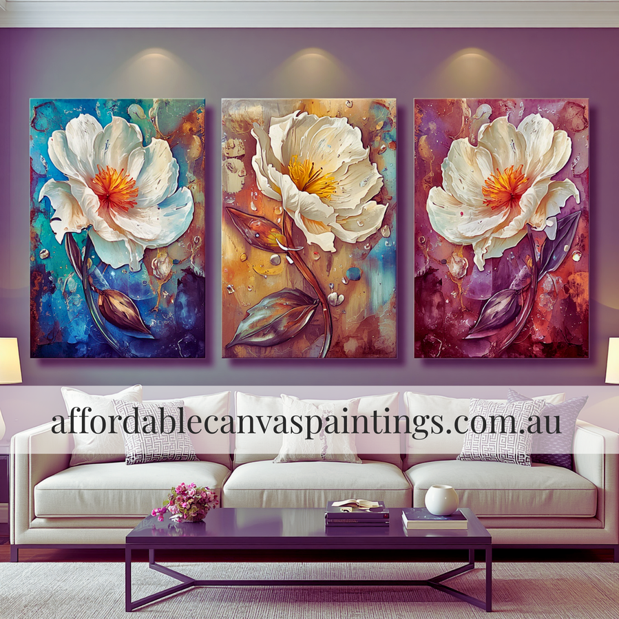 Multicolor Peonies Abstract Canvas Art Floral Paintings Modern Art For Sale Framed 3 Piece Wall Decor Handcrafted Canvas Painting Impasto Painting For Bedroom Wall Décor