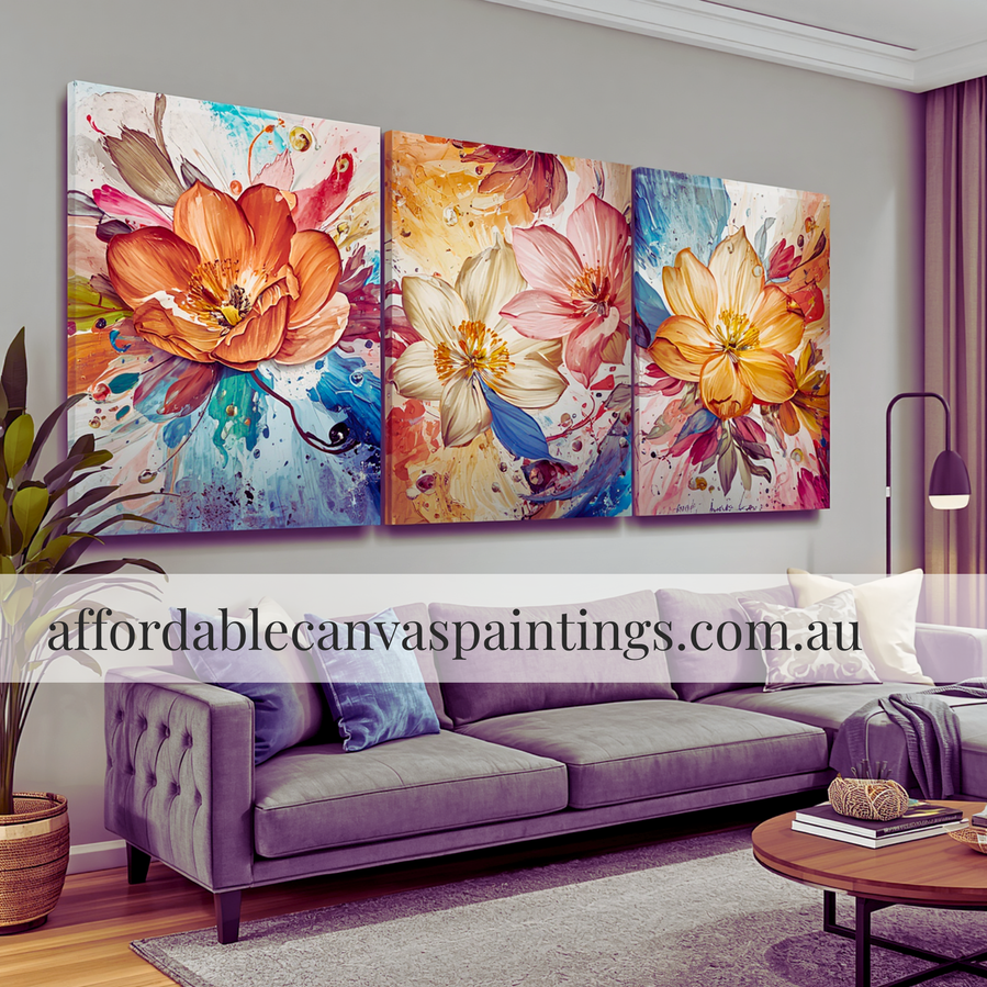 Magnolias Or Hibiscus Style Blossoms Modern Painting Framed 3 Piece Abstract Art Heavy Textured Acrylics Impasto Painting Floral Paintings Impasto Canvas Painting For Bedroom Design