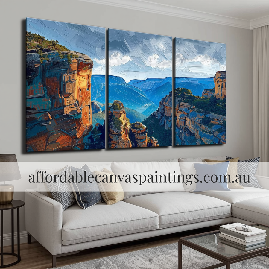 Blue Mountains National Park NSW Australia Beautiful Landscape Paintings Modern Artwork 3 Panel Framed Painting Impasto Art Handmade Ready To Hang Acrylic Art For Bedroom Design