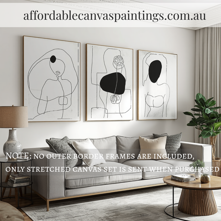 Line Art Women Figure Painting Modern Painting Framed 3 Piece Canvas Wall Art Ready To Hang Australian Abstract Painting For Living Room Design