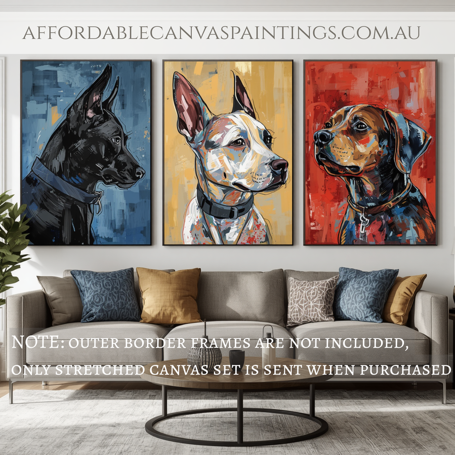 Colourful Dog Faces Modern Artwork Animal Wall Art Abstract Art Painting Framed Handmade 3 Piece Canvas Art Textured Painting With Palette Knife Impasto Canvas Painting For Home Décor