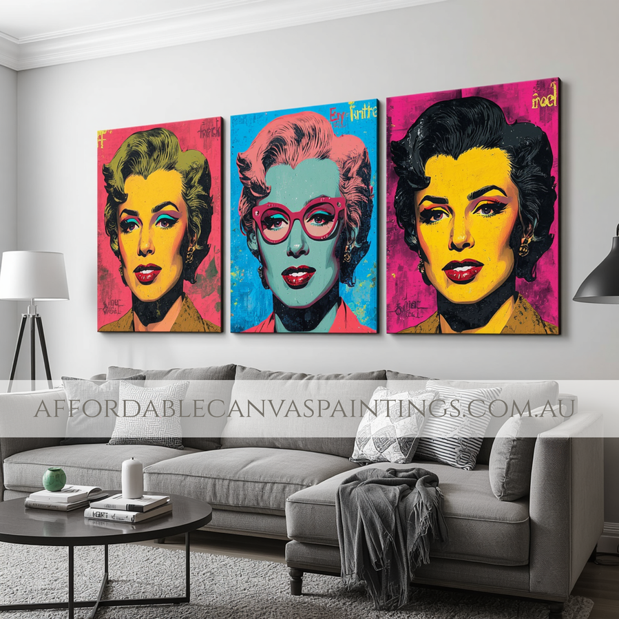 Marilyn Monroe Hollywood Actress Figure Painting Impasto Canvas Painting Framed 3 Piece Wall Décor Australian Handmade Paintings Online For Room Décor