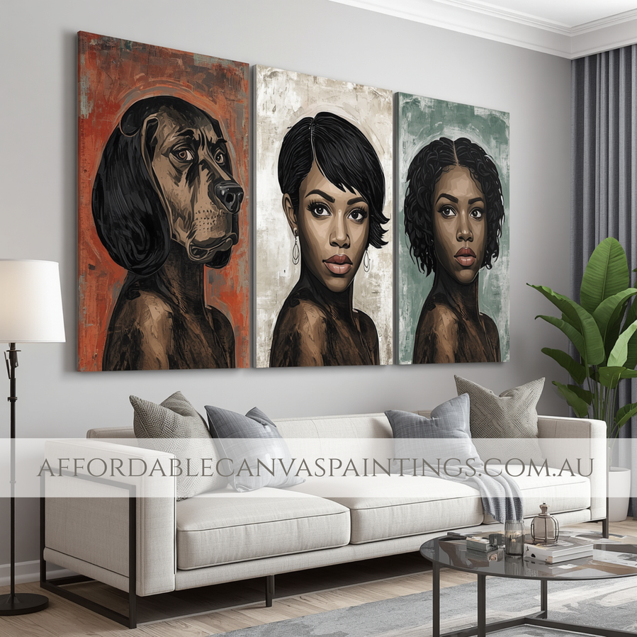Bloodhound Dog And African American Women Figure Painting Impasto Canvas Painting Framed 3 Piece Wall Décor Australian Handmade Paintings Online For Room Wall Decor