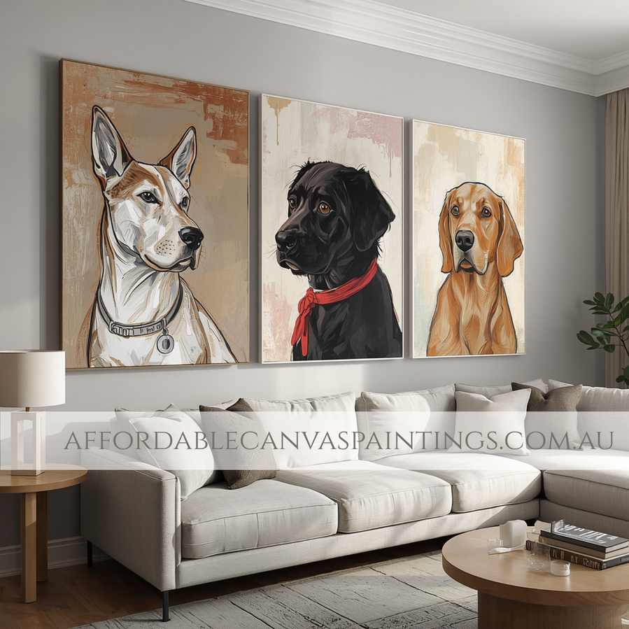 Doberman Pinscher Rottweiler And Golden Bloodhound Dogs Animal Wall Art Abstract Artwork Contemporary Art Painting Framed 3 Piece Wall Décor Impasto Canvas Painting For Living Room Ideas