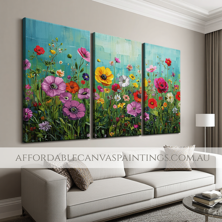 Poppy Flowers Plants Ready To Hang Australian Abstract Contemporary Art Painting Framed 3 Piece Wall Art Hand Painted Triptych Canvas Impasto Canvas Painting For Home Décor
