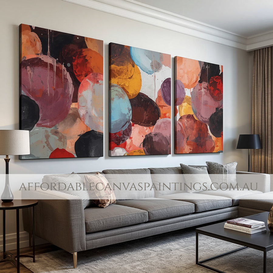 Round Splodges Modern Painting Framed 3 Piece Abstract Wall Art Impasto Canvas Painting Heavy Textured Acrylic Painting For Interior Design