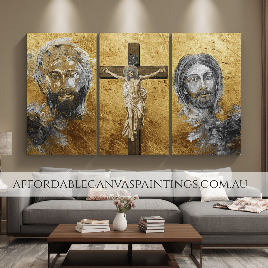 The Crucifixion Of Jesus Christ Religious Triptych Christian Canvas Painting Impasto Painting Framed Three Piece Wall Art Modern Art For Sale For Wall Decoration