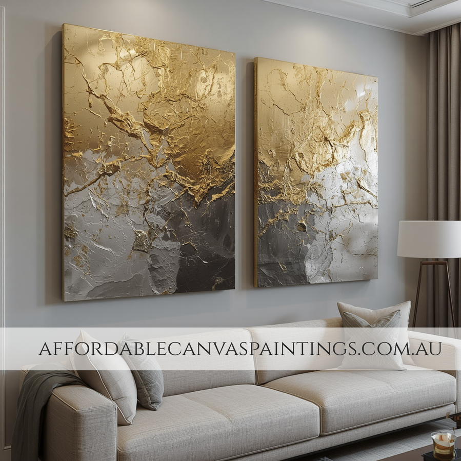 Dapple Stains Gold Paintings Modern Abstract Art 2 Piece Framed Canvas Art Heavy Textured Acrylics Impasto Painting For Home Décor
