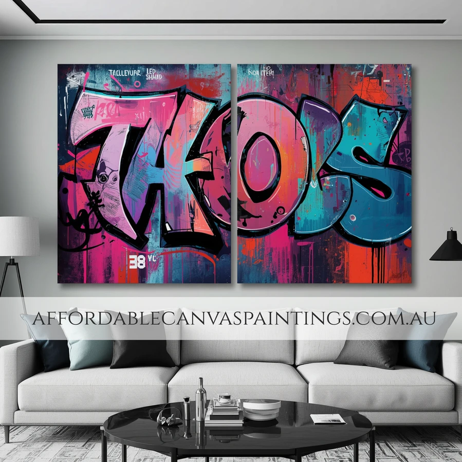 Multicolour Symbols Modern Abstract Art Graffiti Art For Sale Sydney Framed 2 Piece Canvas Art Handmade Acrylic Painting Australia Impasto Painting For Interior Decoration