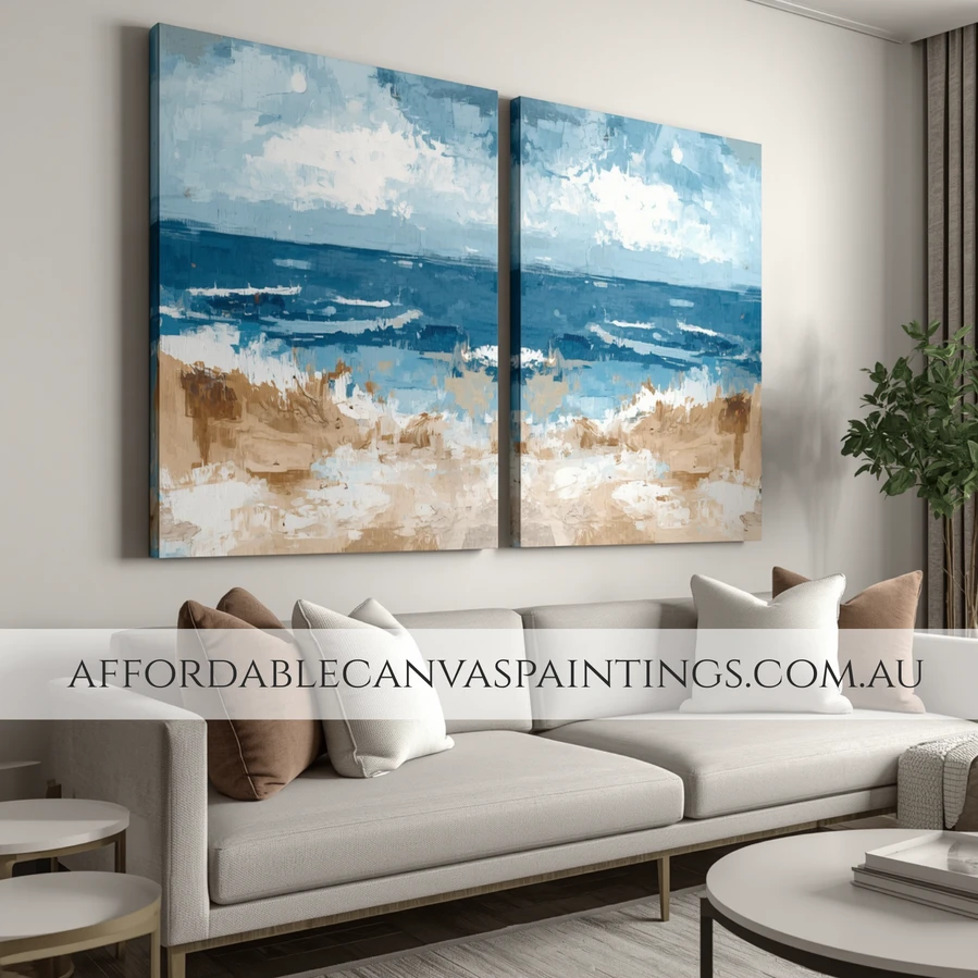 Sea Beach Abstract Landscape Painting Modern Art 2 Piece Framed Canvas Art Heavy Textured Acrylics Impasto Painting For Interior Designer Choice